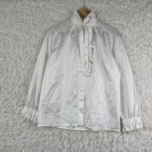 Aslan Blouse Womens Size 9 White High Neck Ruffle Sheer Long Sleeve Button Tie